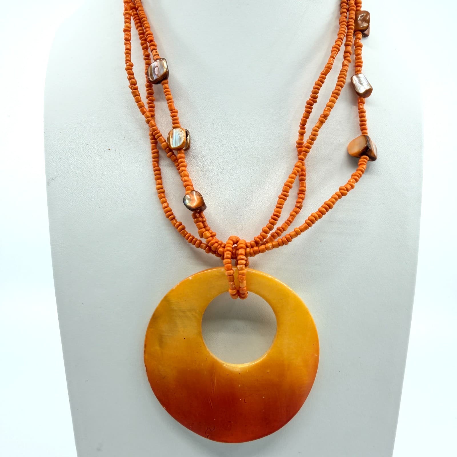 Vintage Orange Multi Strand Seed Bead Necklace Shell Circle Pendant Boho Retro
