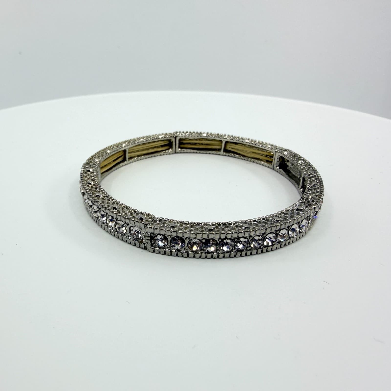 Vintage Silver Tone Clear Rhinestone Stretch Bracelet Pave Panel Statement 90s