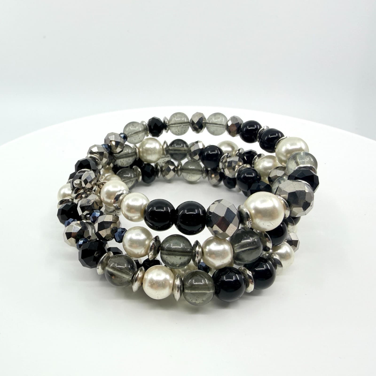 Vintage Silver Tone Black White Faux Pearl Beaded Stretch Bracelet Chunky Bold