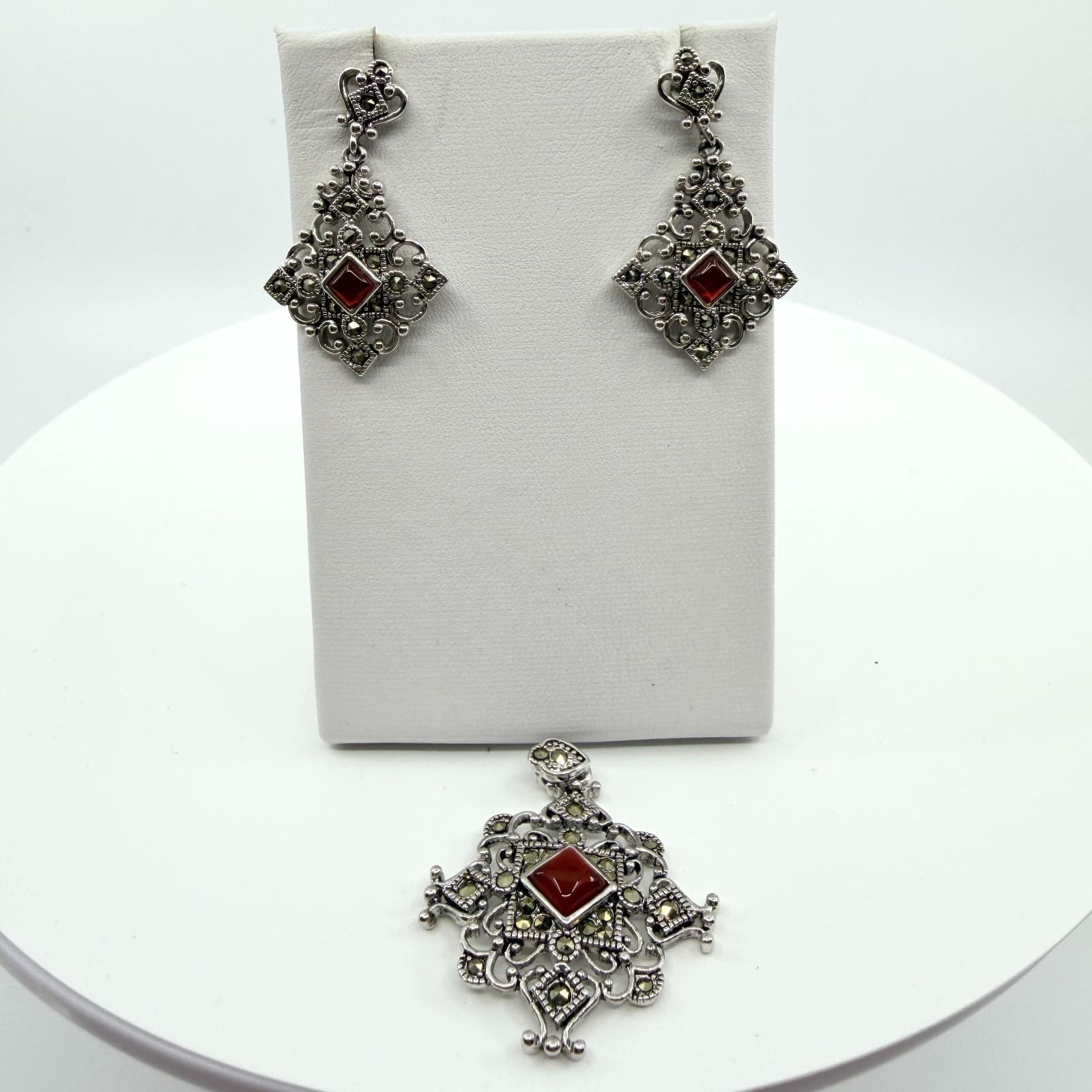 Vintage Silver Tone Red Stone Jewelry Set Victorian Style Filigree Earrings Boho