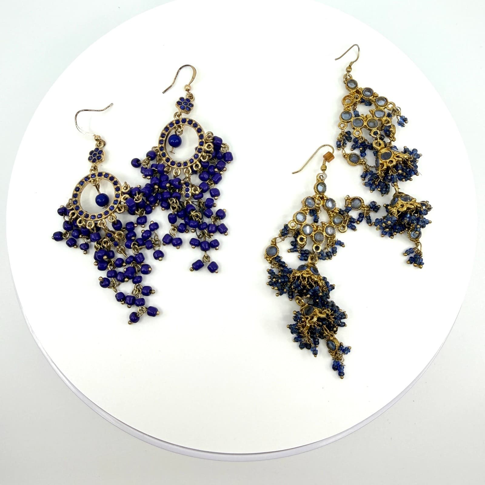 Vintage Gold Tone Blue Beaded Jhumka Earrings Indian Chandelier Dangle Boho Y2K