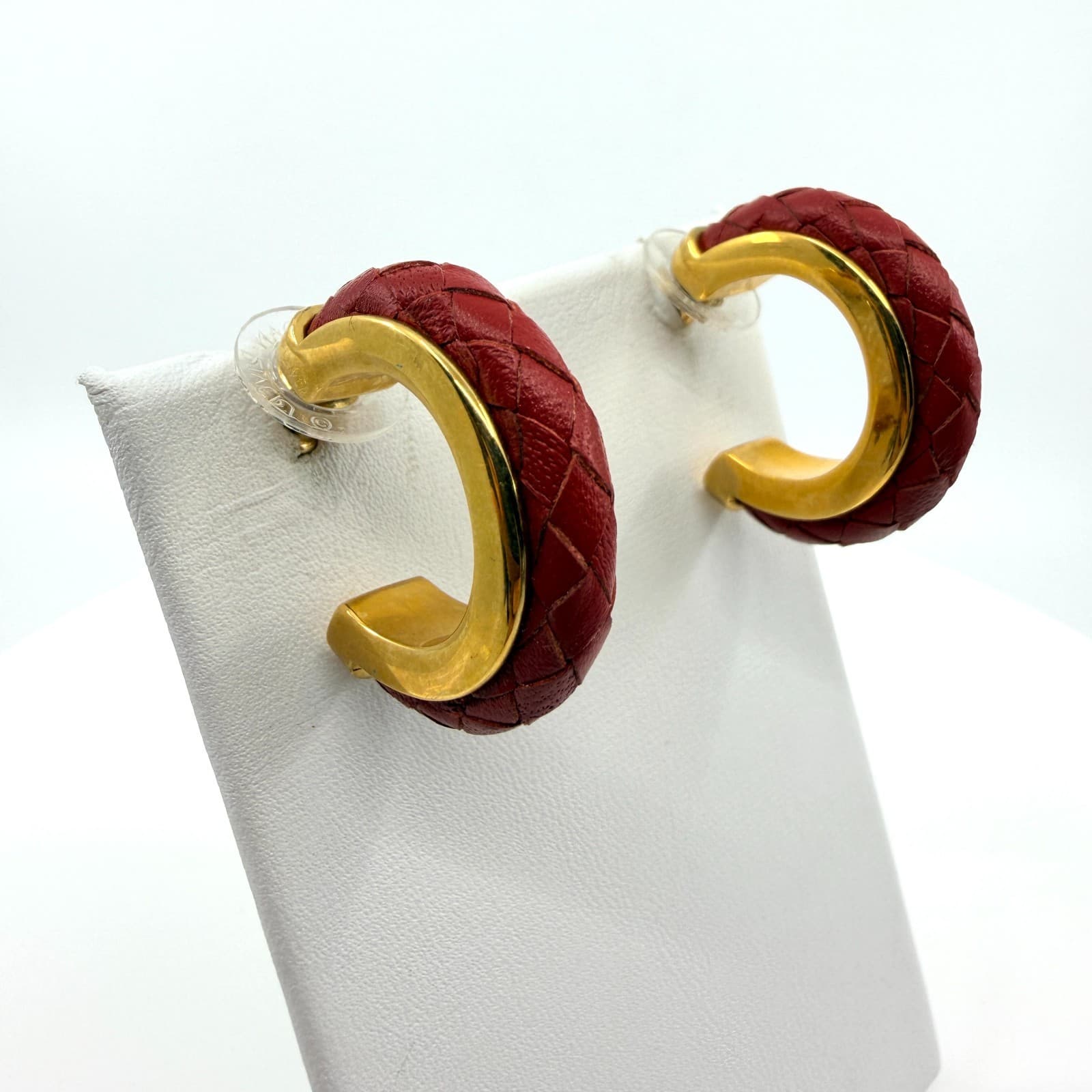 Vintage Joan Rivers Red Woven Leather Hoop Earrings Gold Tone Signed Boho 90s