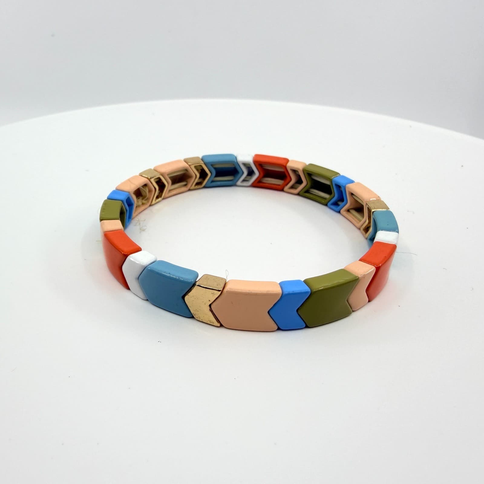 Vintage Multi Color Enamel Chevron Tile Stretch Bracelet Boho Tila Bead Y2K 90s