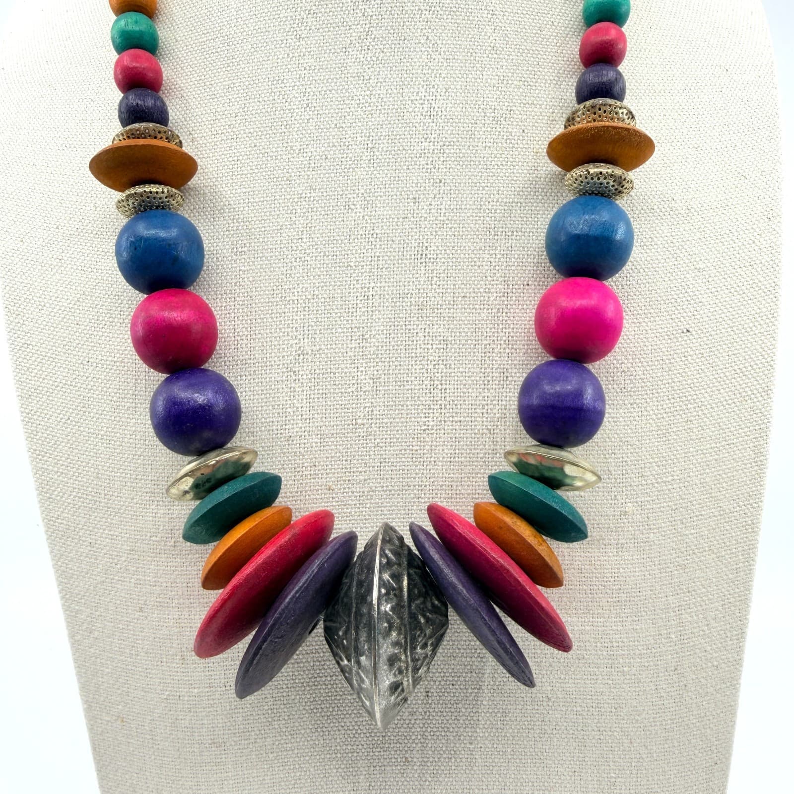Vintage Multicolor Wood Bead Necklace Chunky Statement Boho Ethnic Tribal 90s