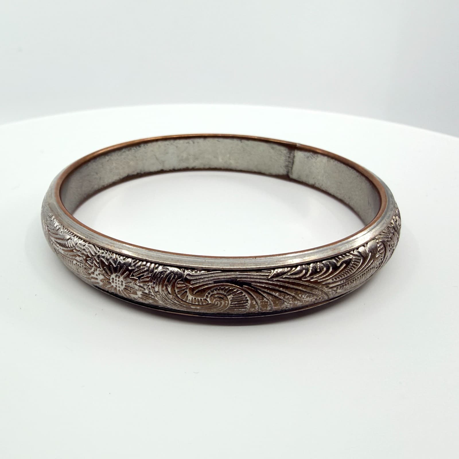 Vintage Silver Tone Floral Etched Bangle Bracelet Western Engraved Scroll Retro
