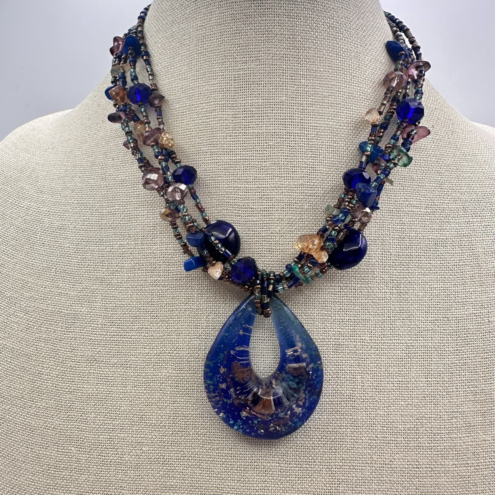 Vintage 90s Multi Strand Blue Teardrop Pendant Necklace Beaded Accents Jewelry