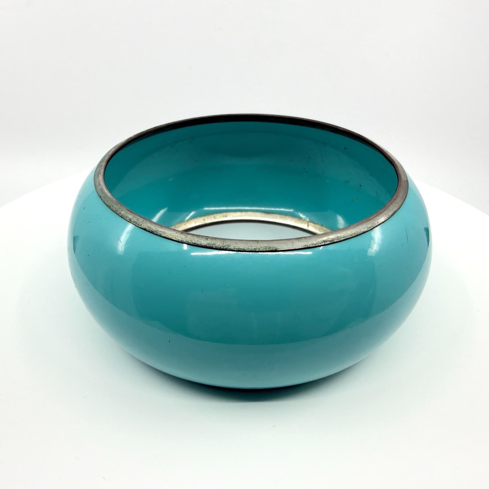 Vintage Faux Turquoise Blue Enamel Wide Domed Bangle Bracelet Silver Tone Retro