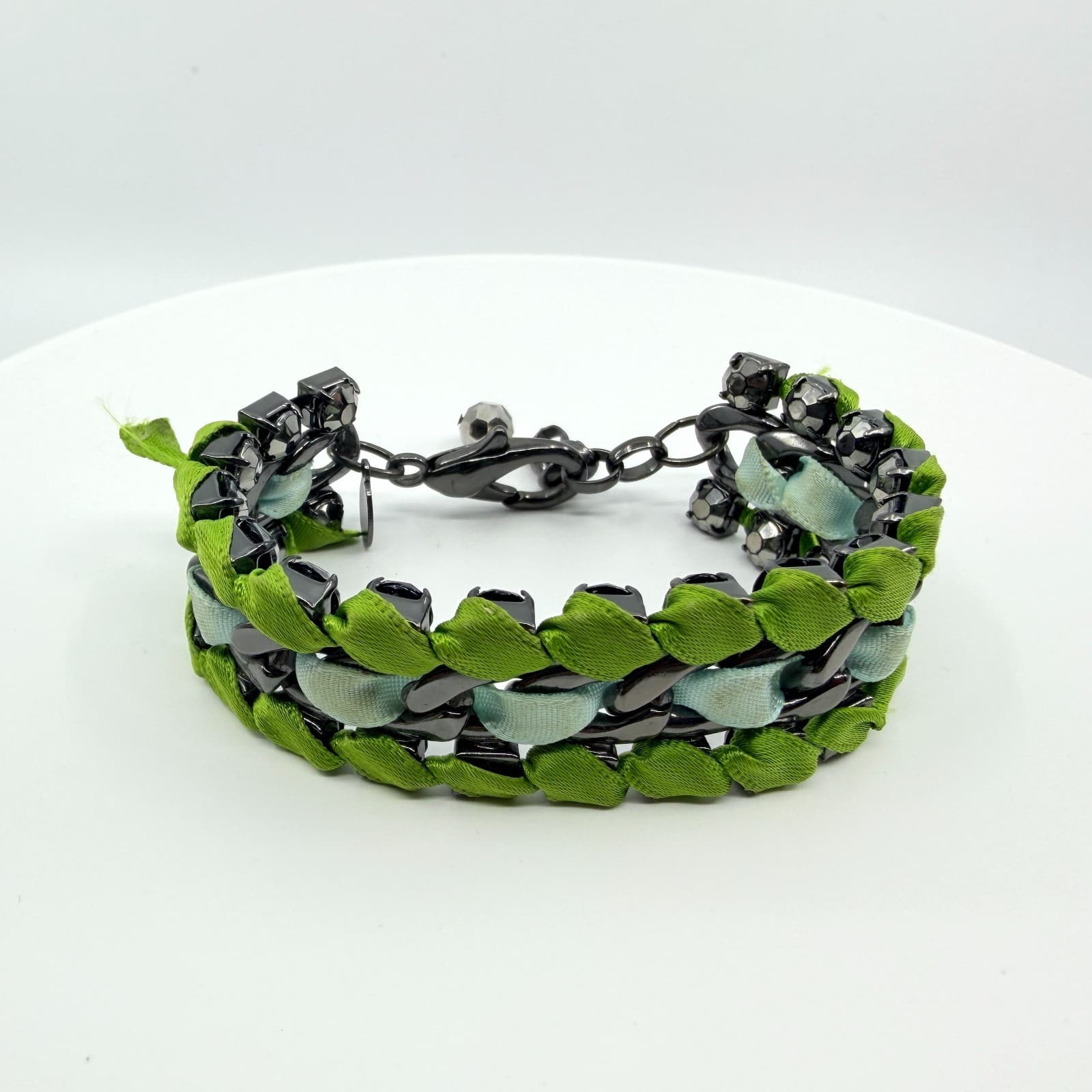 Vintage Gunmetal Green Ribbon Woven Bracelet Rhinestone Statement Mixed Media