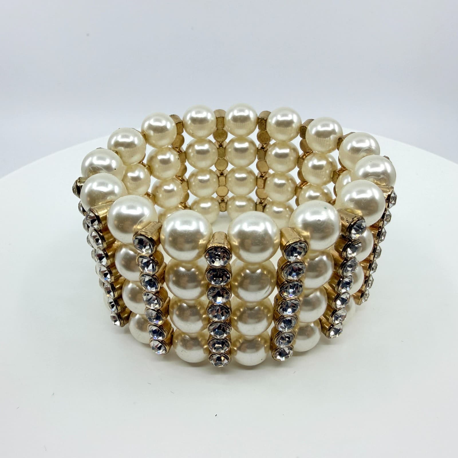 Vintage Gold Tone Faux Pearl Rhinestone 4 Row Stretch Cuff Bracelet Chunky 90s