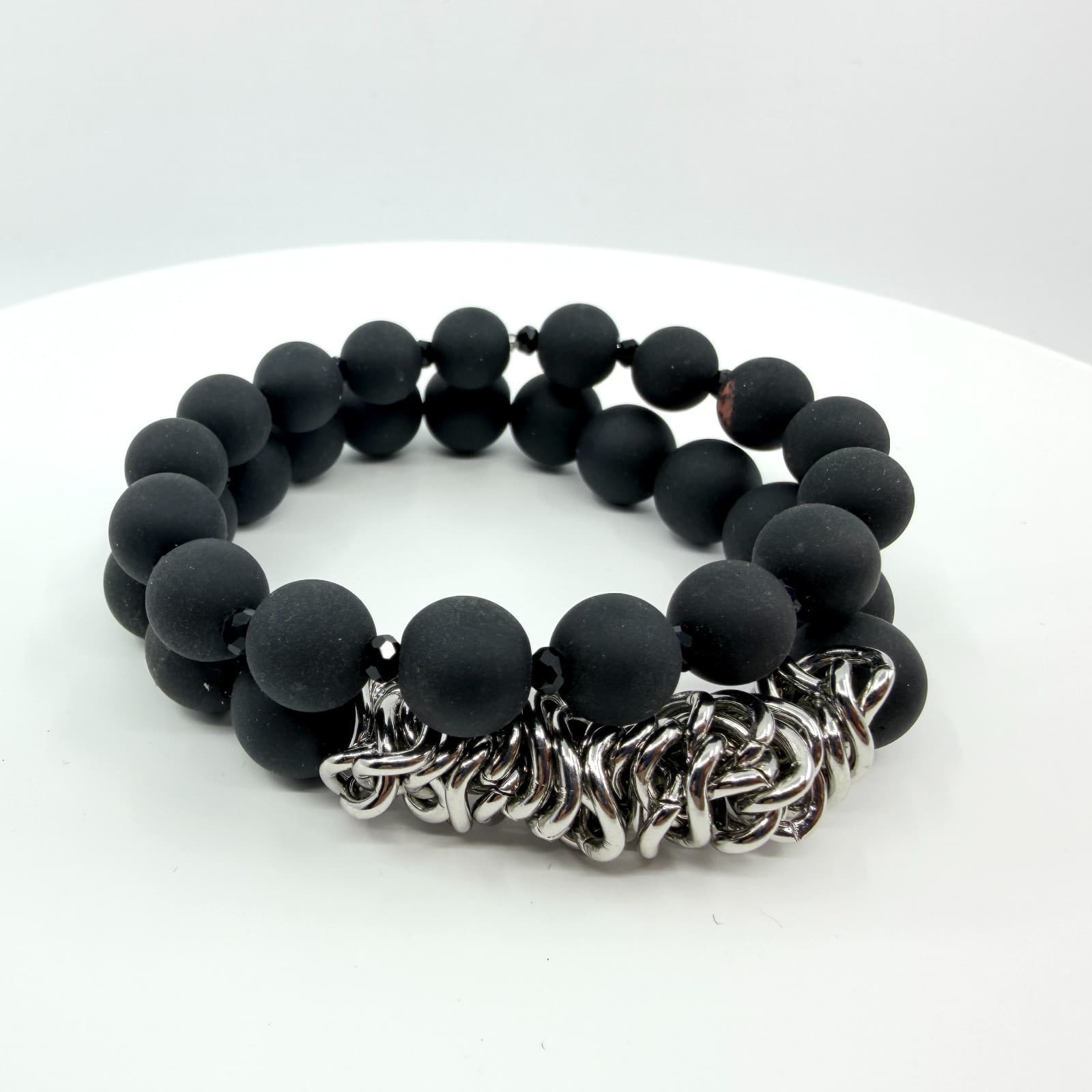 Vintage Matte Black Beaded Wrap Bracelet Silver Tone Link Cluster Statement Boho