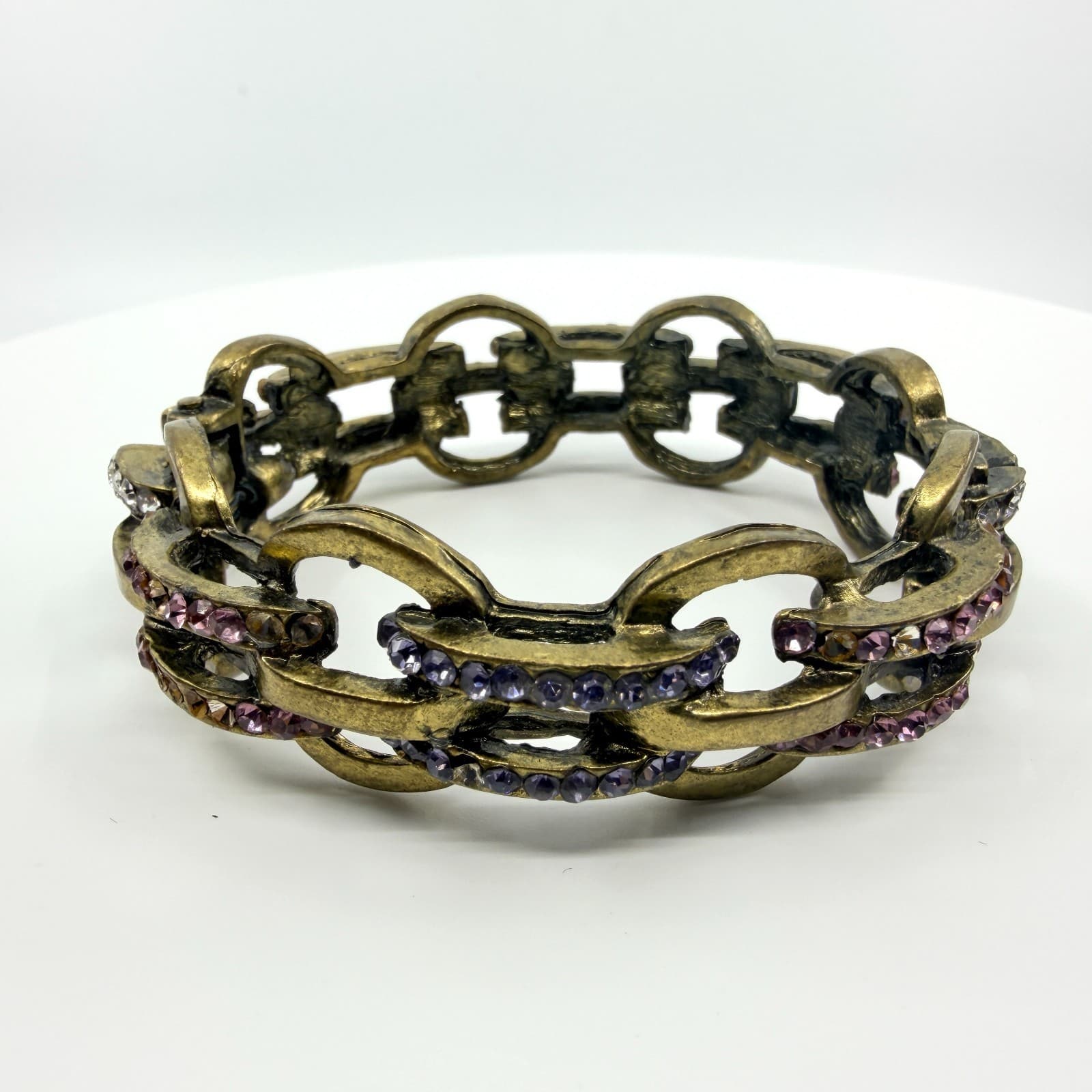 Vintage Gold Tone Purple Rhinestone Gypsy Link Stretch Bracelet Chunky Bold 90s