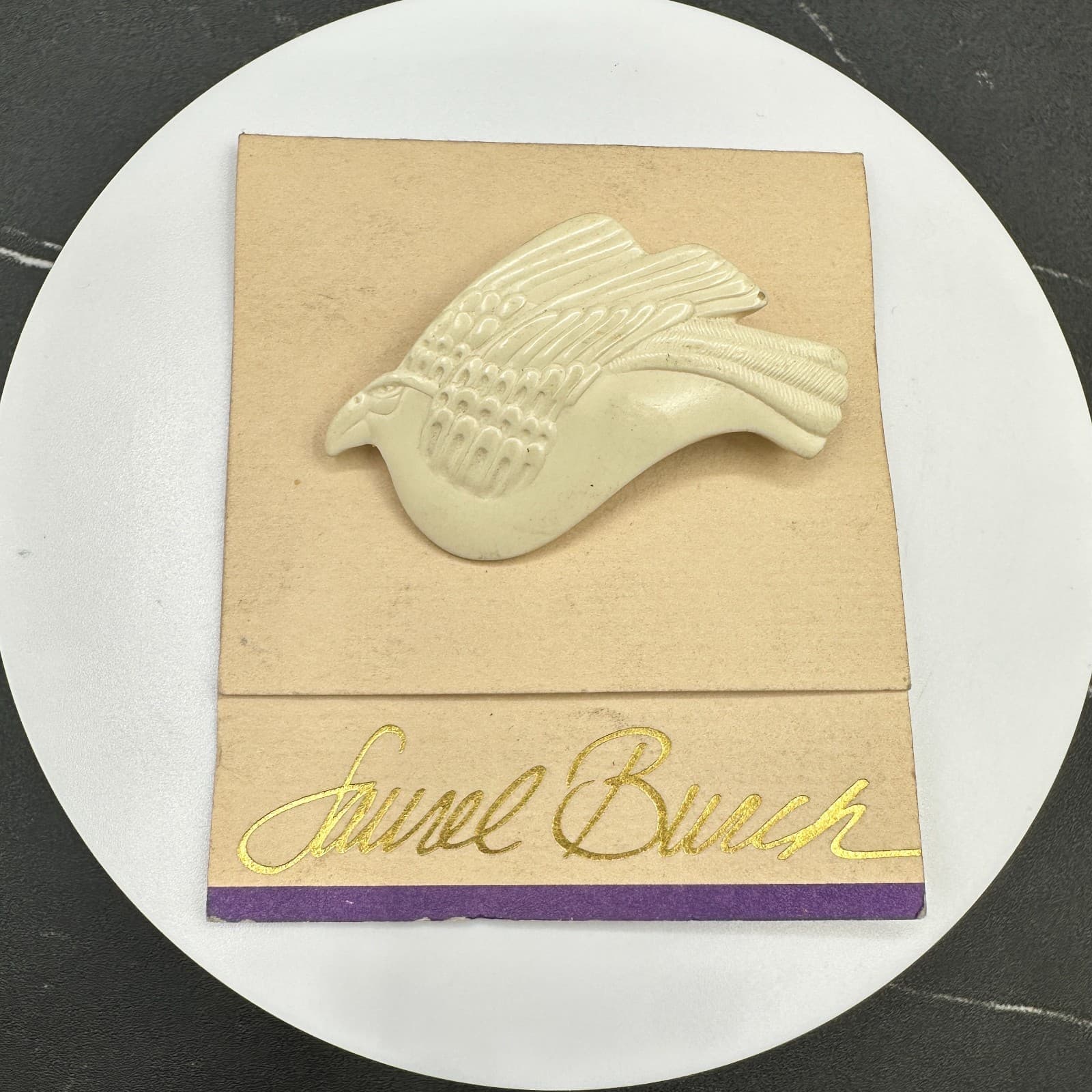 Vintage Sauer Buch Figural Bird Brooch Pin Resin Cream Gold Tone Signed Card