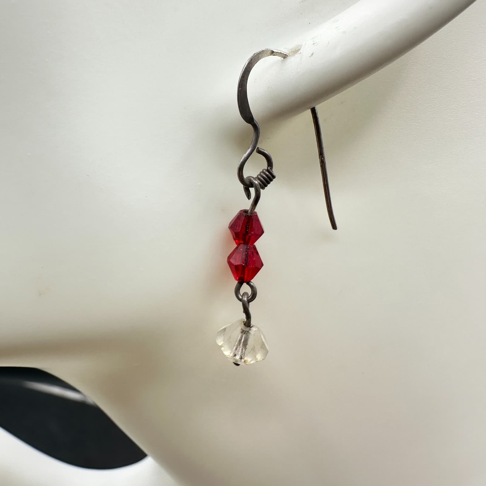 Vintage Red & White Clear Crystal Dangle Earrings Dark Tone Wire Hook