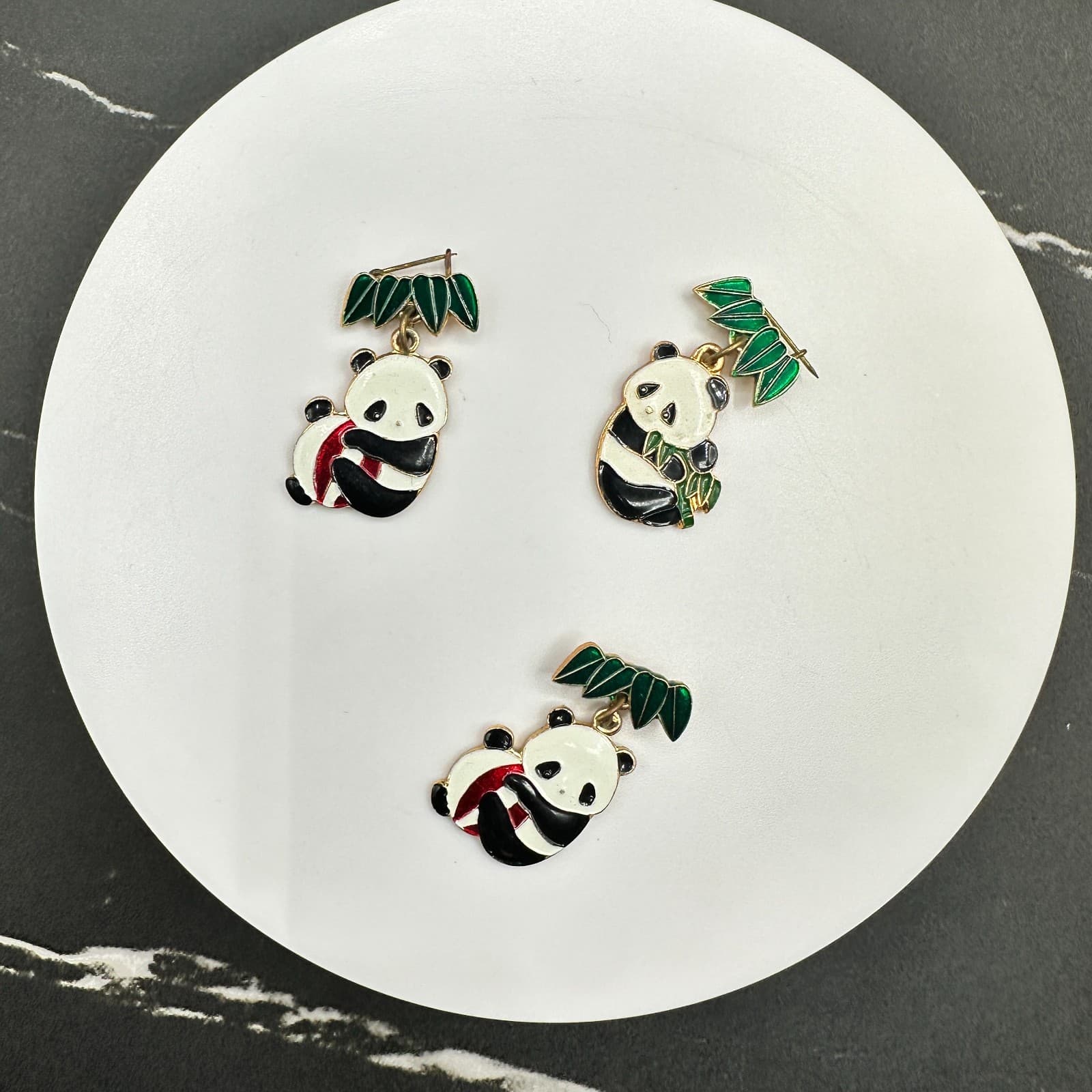 Vintage CWCA 3 pieces Panda Bear Enamel Dangle Brooch Pin Set