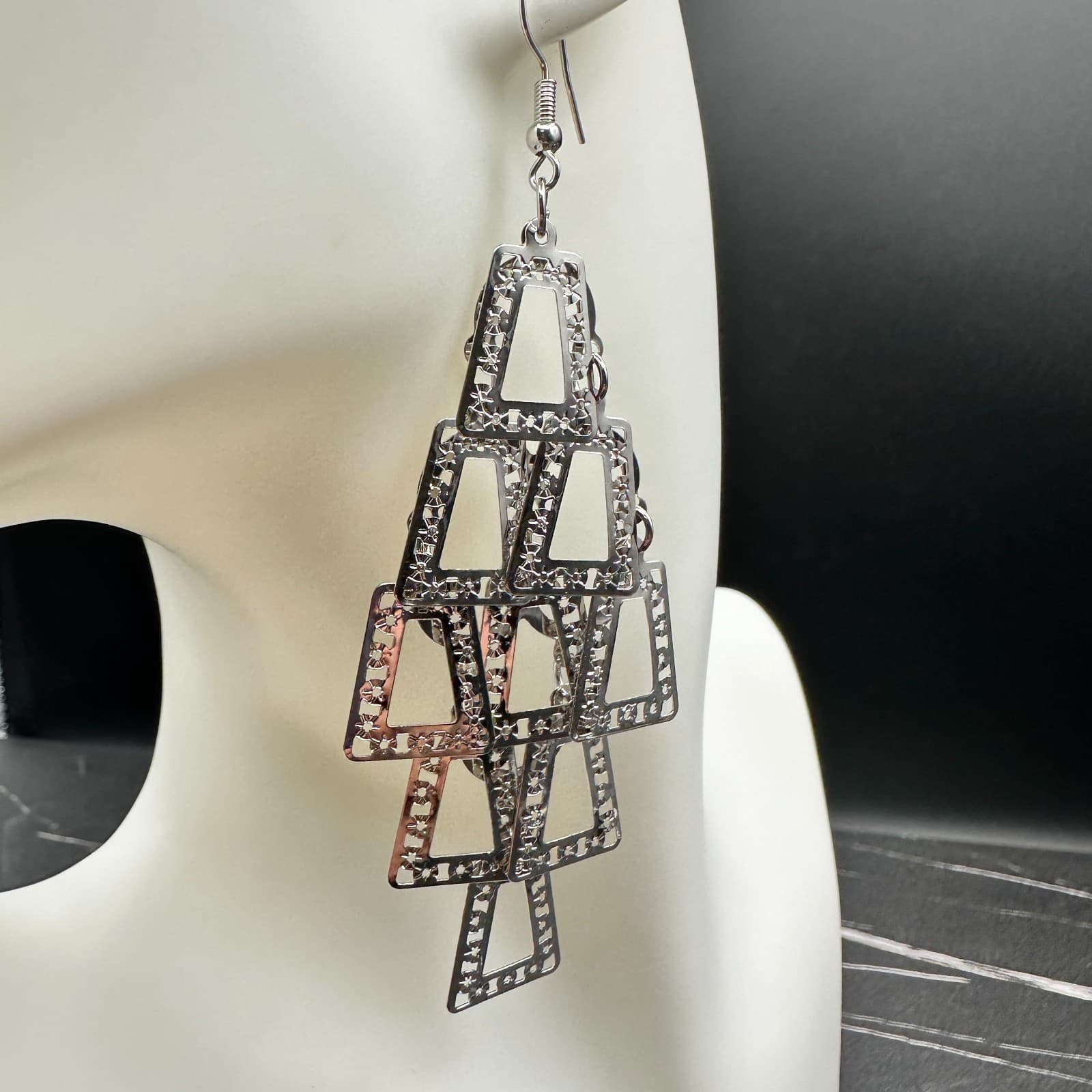 Vintage Silver-Tone Articulated Geometric Drop Earrings Trapezoids Y2K A Frames