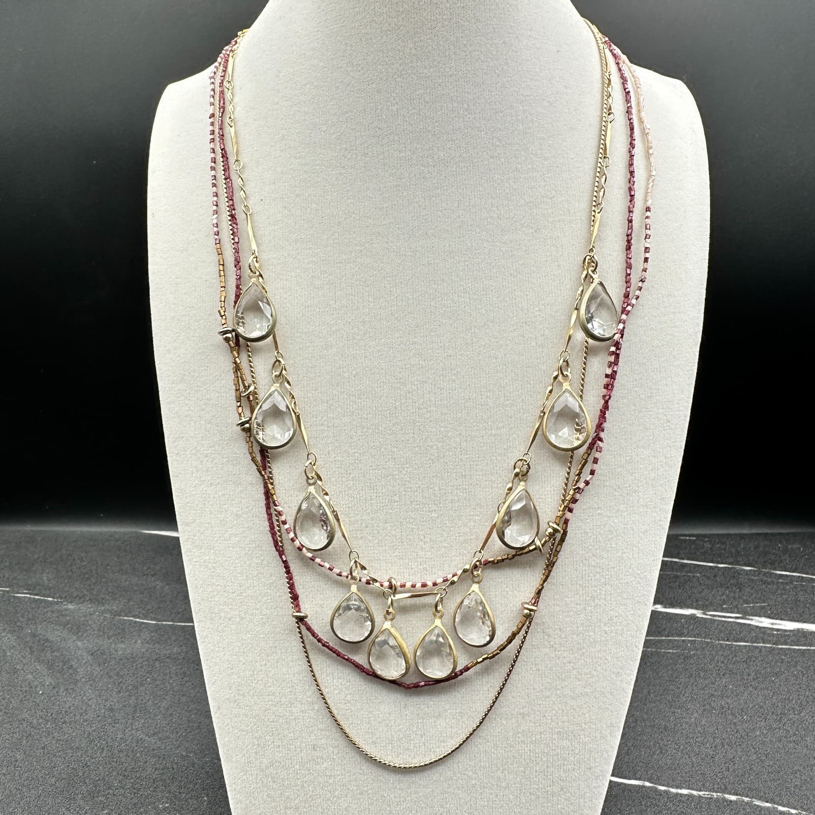 Vintage Gold-Tone Multi-Layered Necklace With Clear Teardrop Pendants & Red Bead