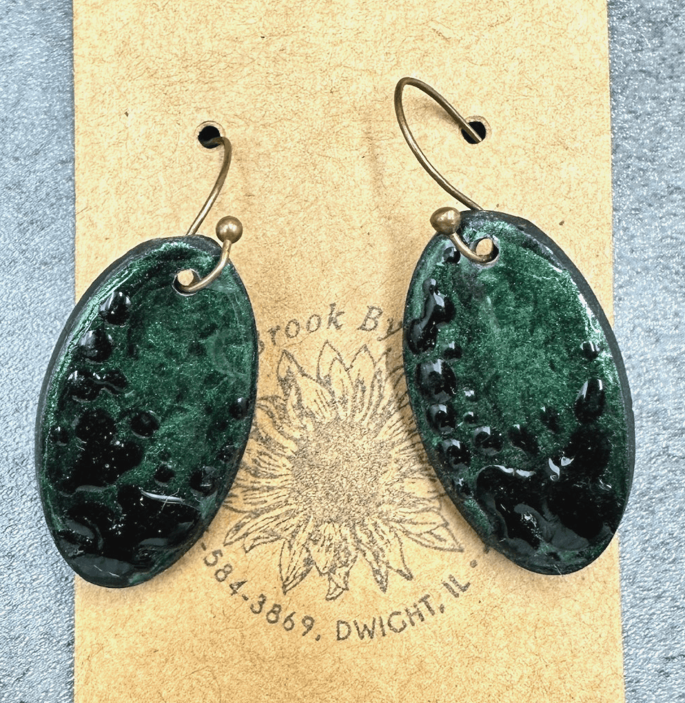 Brookie Bakers Green Enamel Oval Drop Earrings Handmade Artisan Boho Art Jewelry