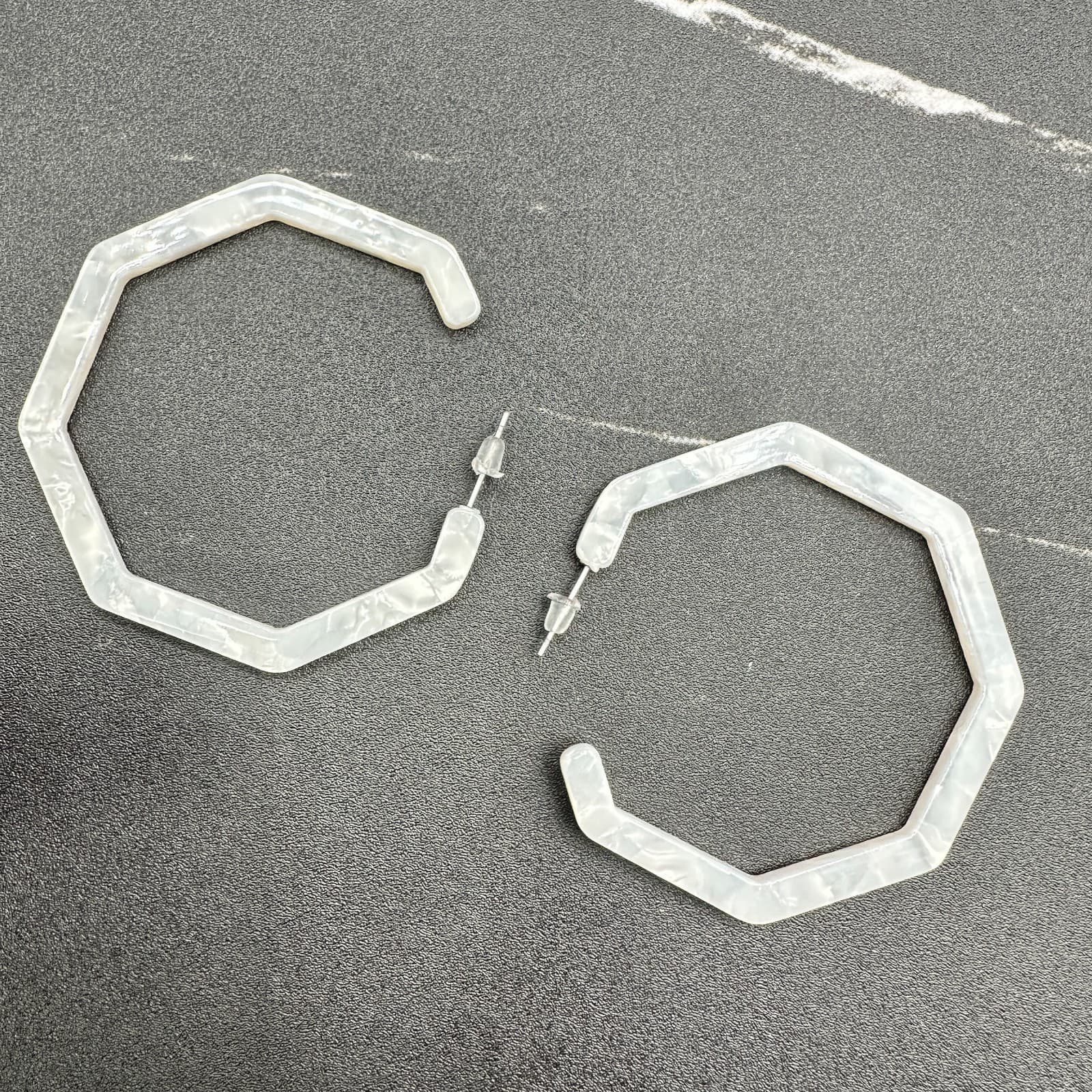 Women's White Marbled Acrylic Resin Octagon Hoop Earrings Geometric Statement