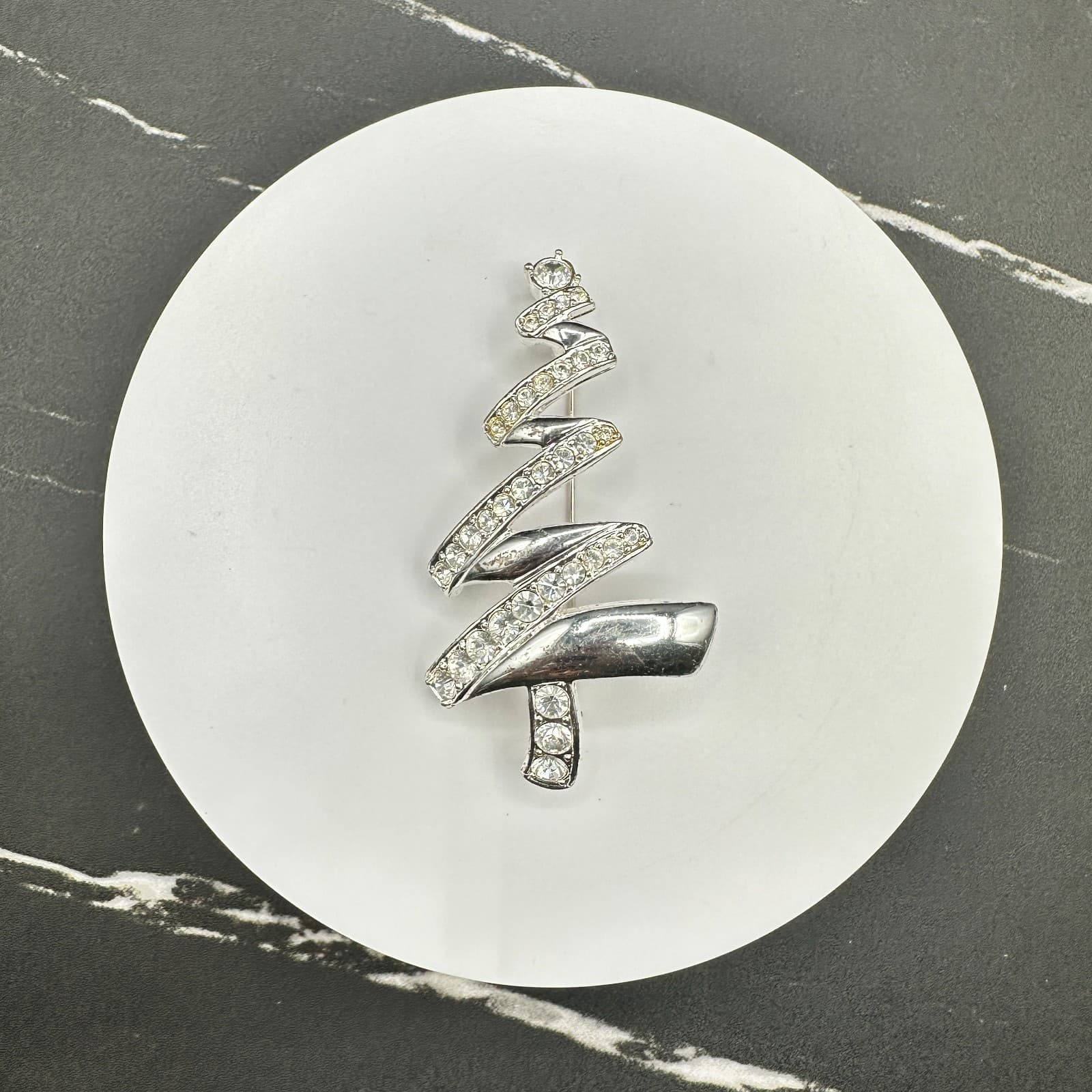 Monet Christmas Tree Brooch Pin Signed Zigzag Ribbon Silver Tone Rhinestones
