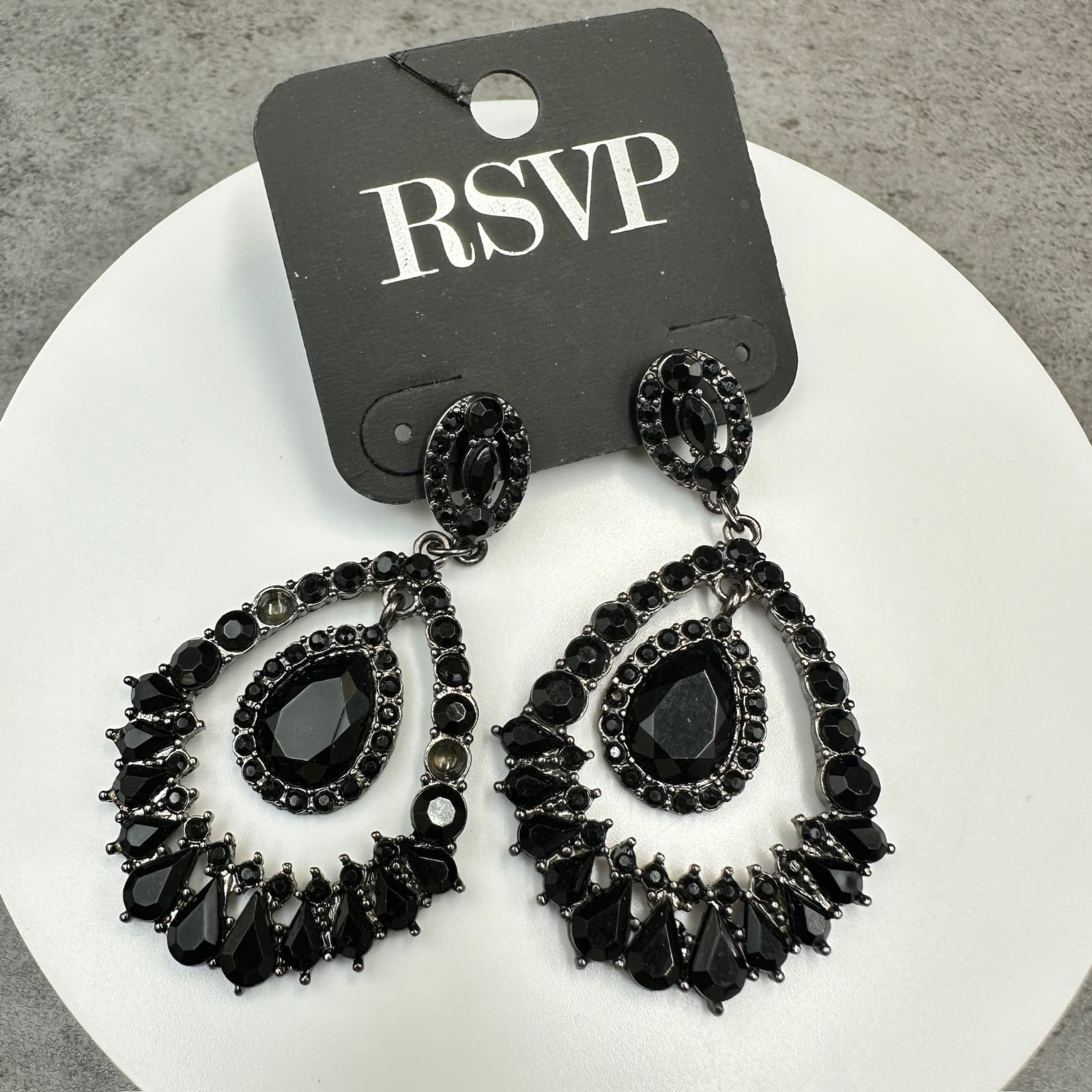 RSVP Black Rhinestone Gunmetal Statement Chandelier Drop Earrings