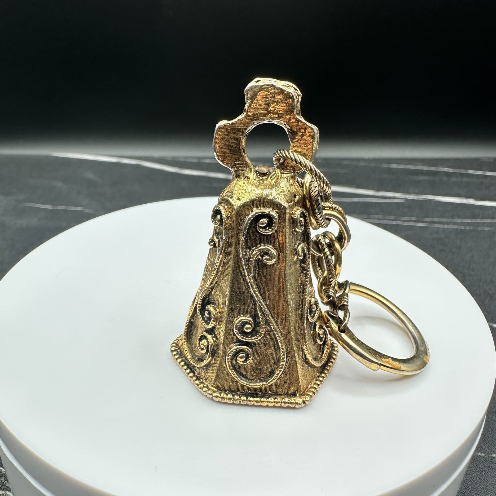 Vintage Brass Ornate Scrollwork Gold Tone Hexagon Design Bell Keychain