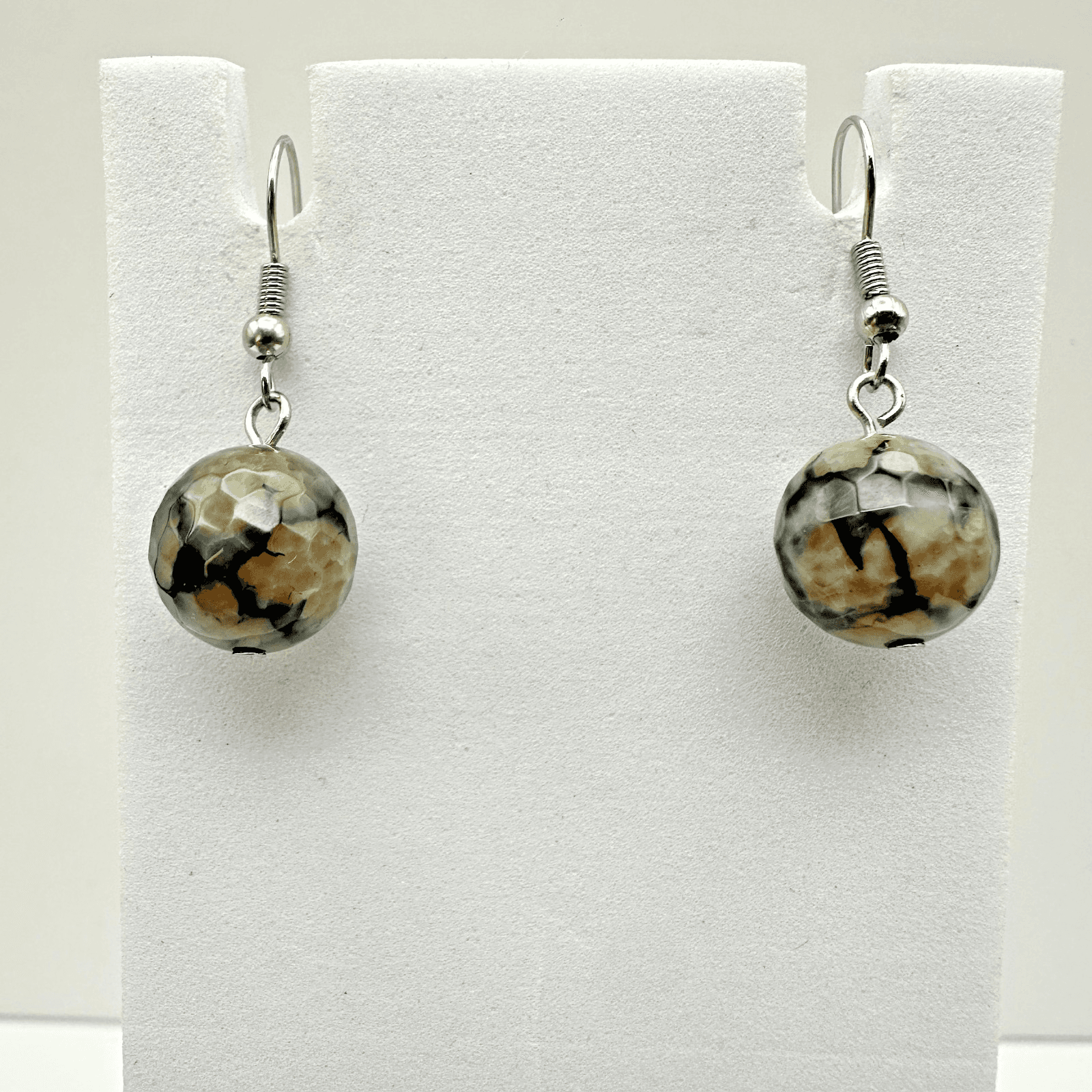 VTG Multi Round Bead Dangle Earrings Crackle Stone Silver Tone Women's Jewellery