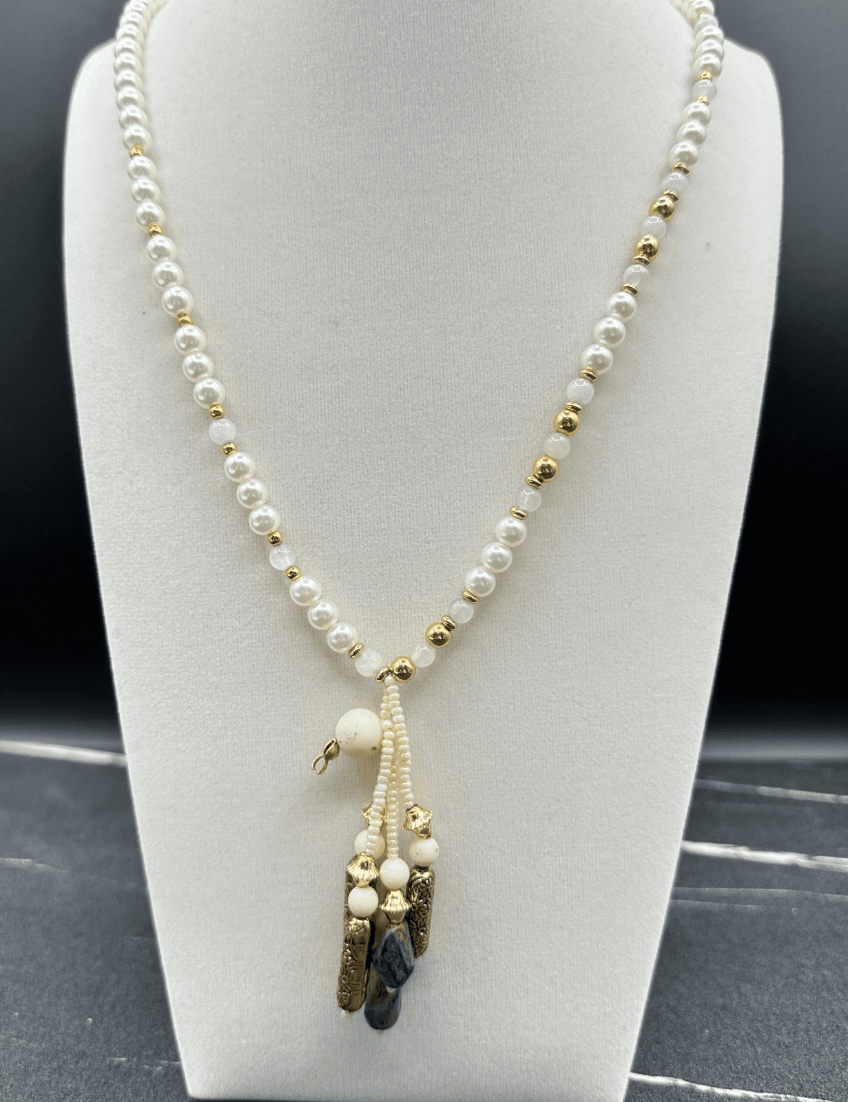 Vintage LR Faux Pearl Necklace White Quartz Gold Tone Tassel Pendant Boho