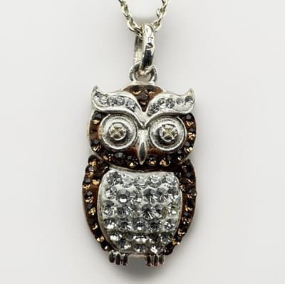 Vintage Silver Tone Owl Pendant Necklace Brown Clear Rhinestone Jewelry Y2K