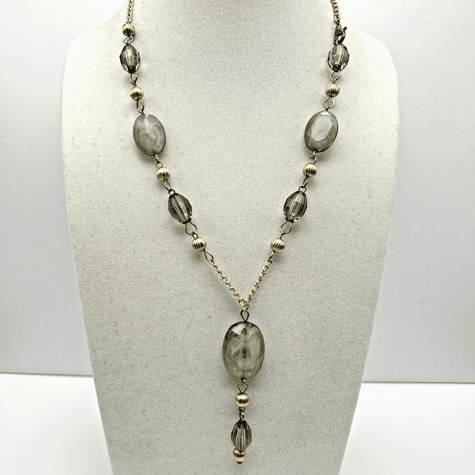 Vintage Gold Tone Chain Necklace Green Acrylic Glass Bead Drop Women's Jewellery