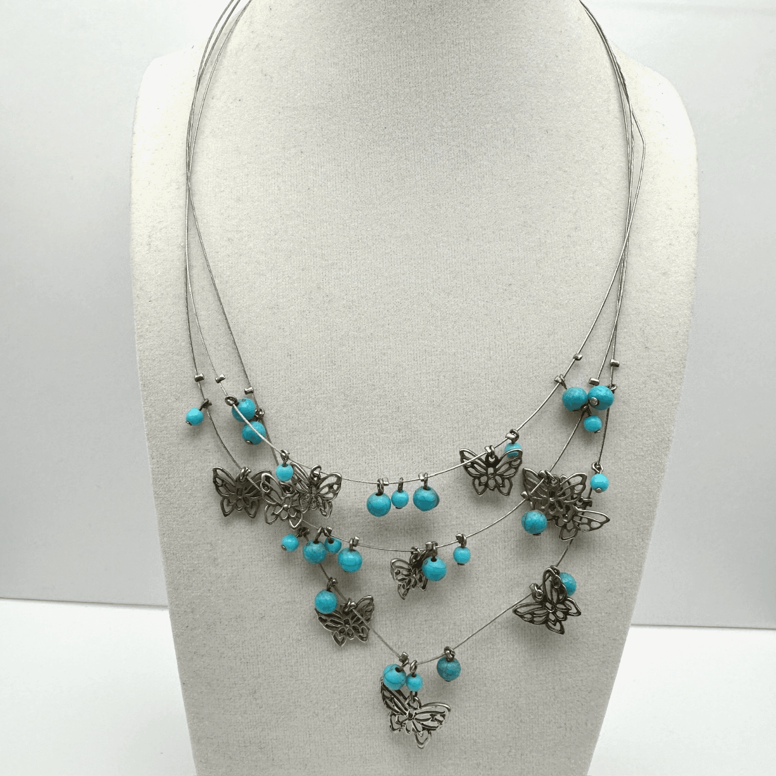 Vintage Layered Necklace Blue Stone Butterfly Silver Tone Women's Jewellery