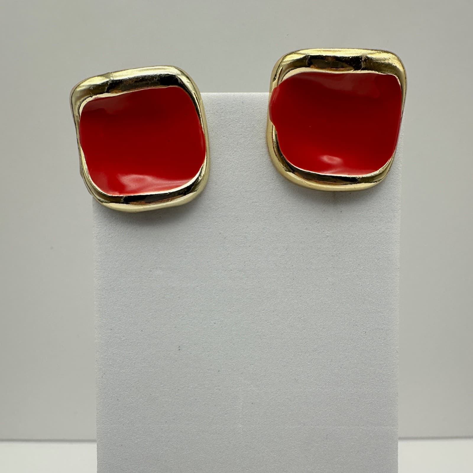 Vintage 80s Red Enamel Clip-On Earrings Gold Tone Curved Statement Jewelry
