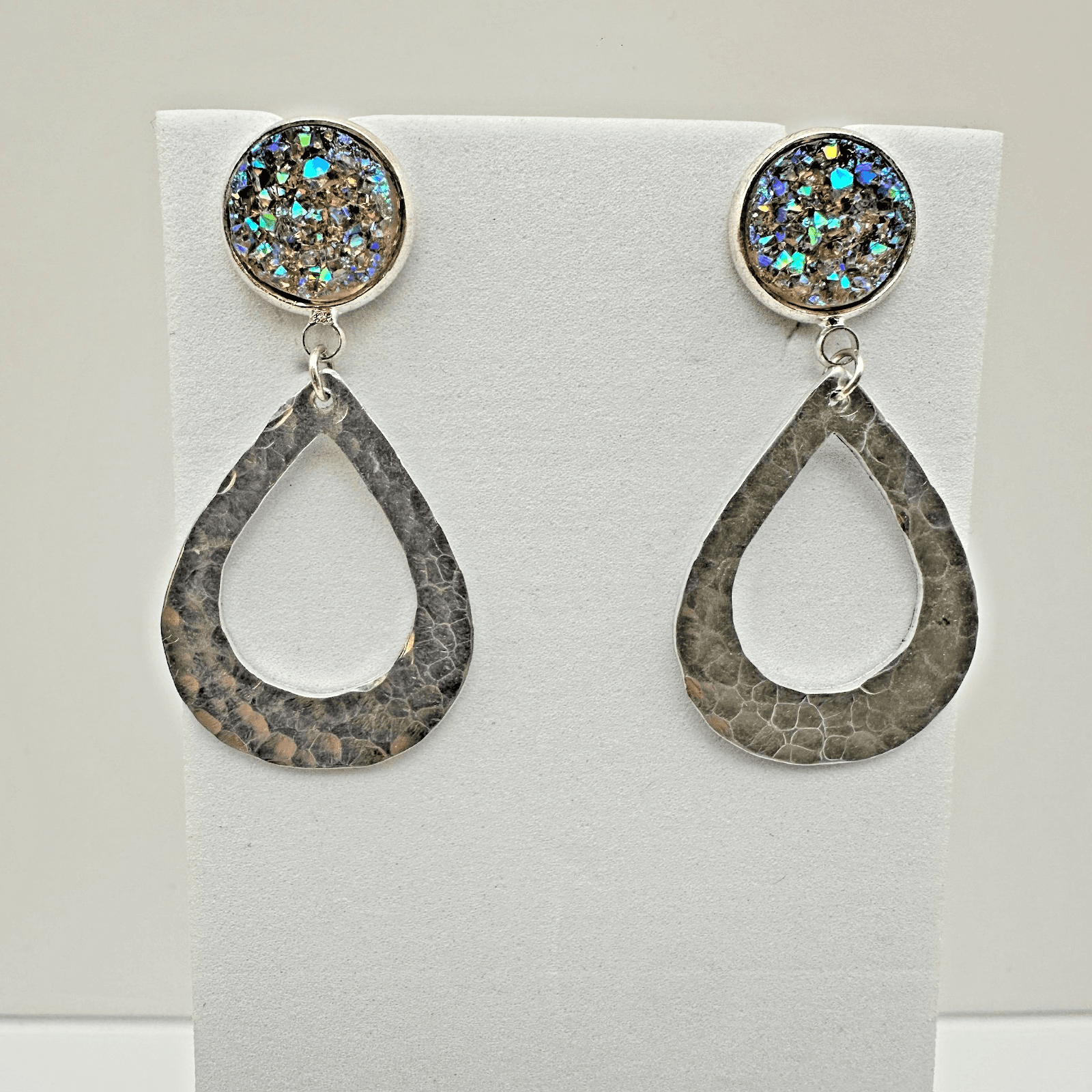 Vintage 90s 80s Dangle Rainbow Druzy Crystal Stone Earrings Silver Tone Jewelry