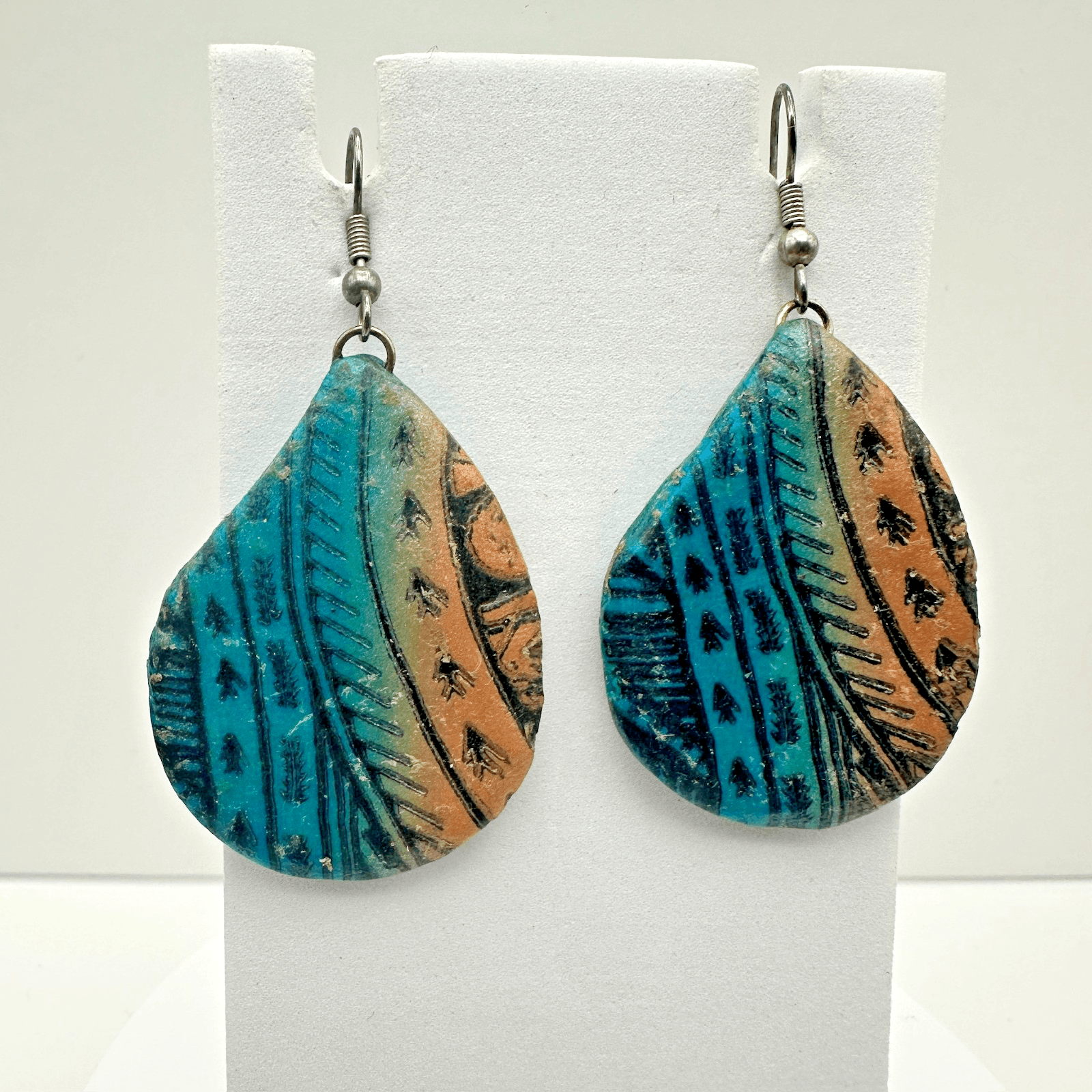 Vintage 80s Boho Clay Teardrop Dangle Earrings Blue Peach Tribal Ethnic Pattern