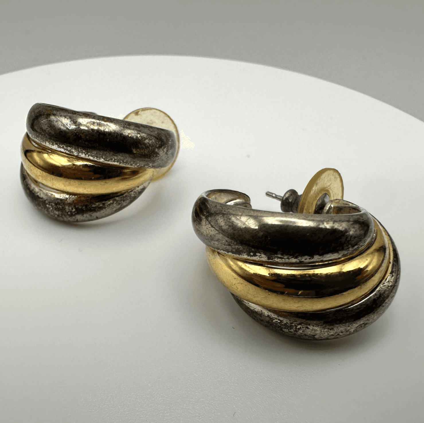 Vintage Two Tone Multi-Band Dome Hoop Earrings Post Back Women's Jewellery