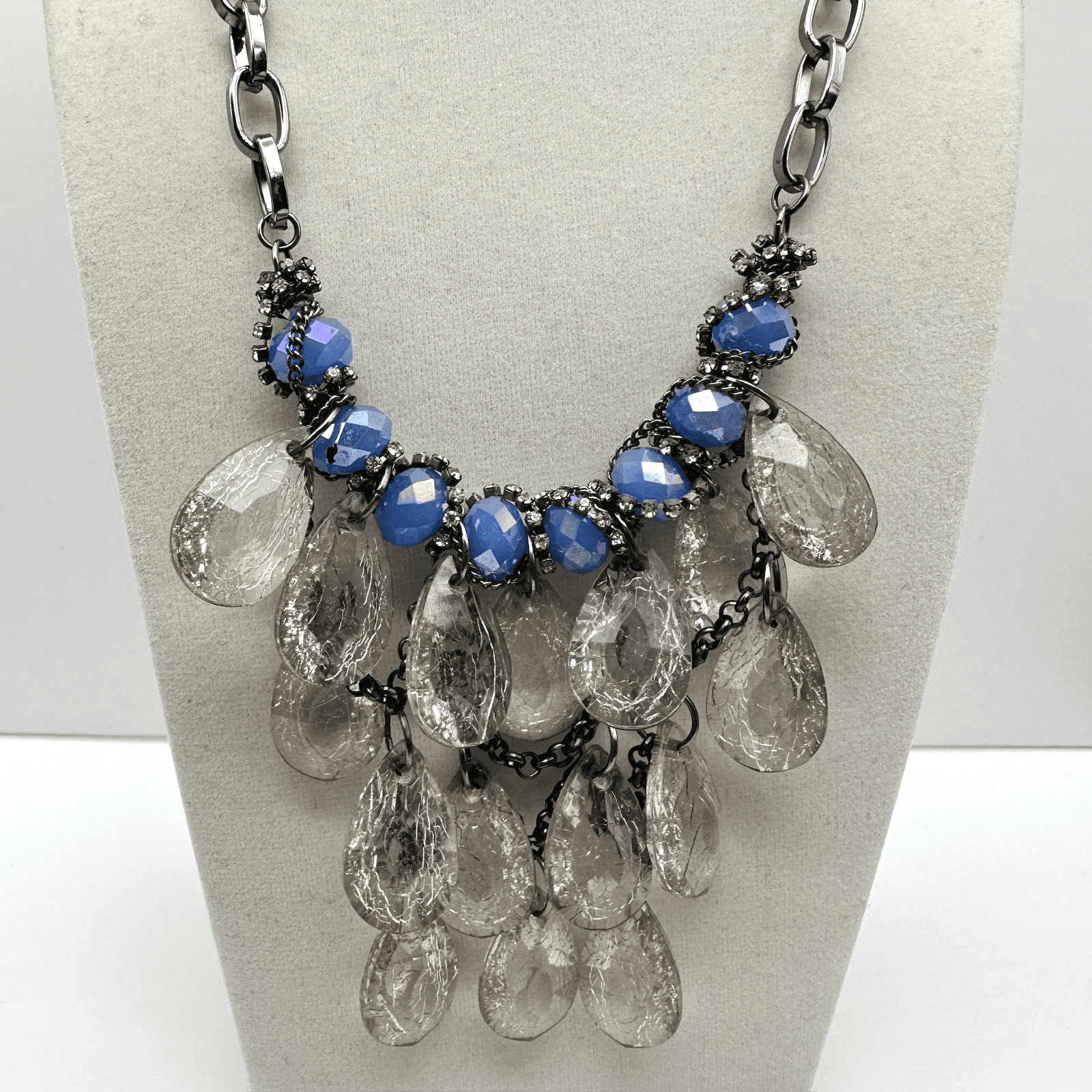 Vintage 90s Blue Iridescent Bead Statement Necklace Clear Acrylic Dangle Jewelry