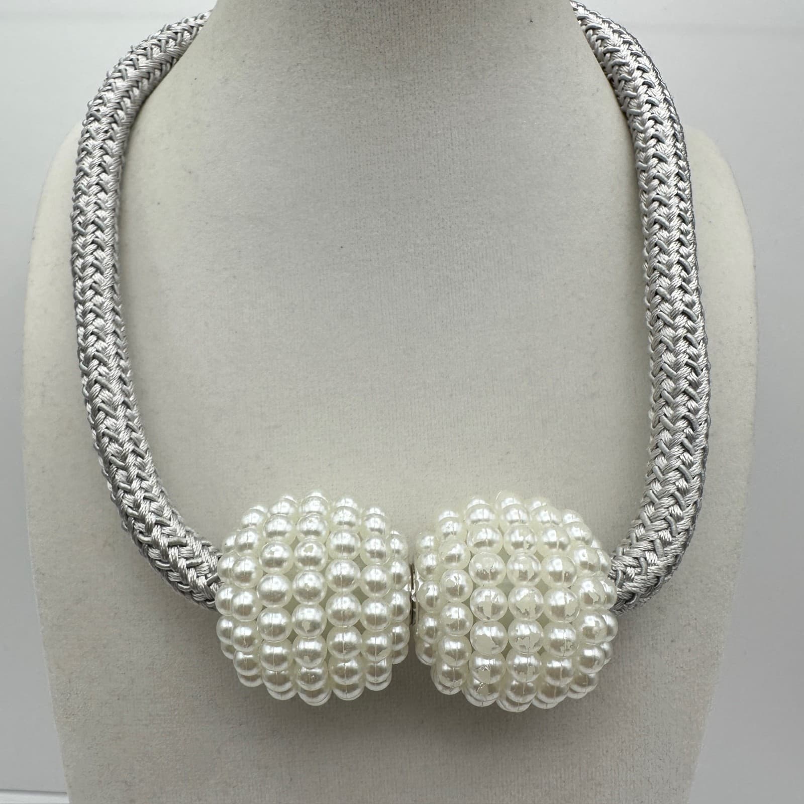 Vintage 80s Chunky Silver Braided Rope Ball Beads Necklace Faux Pearl Cluster
