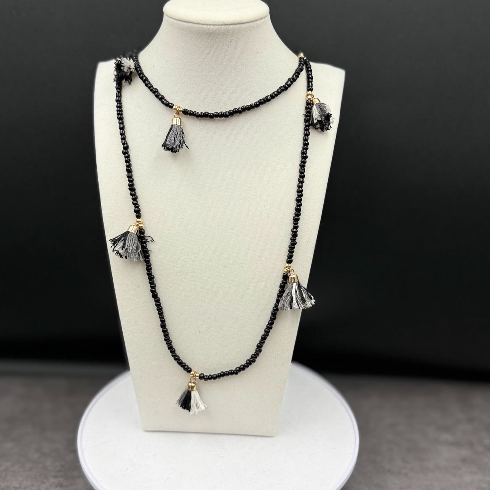 Vintage Black Seed Bead Tassel Necklace Boho Gold Accent Statement