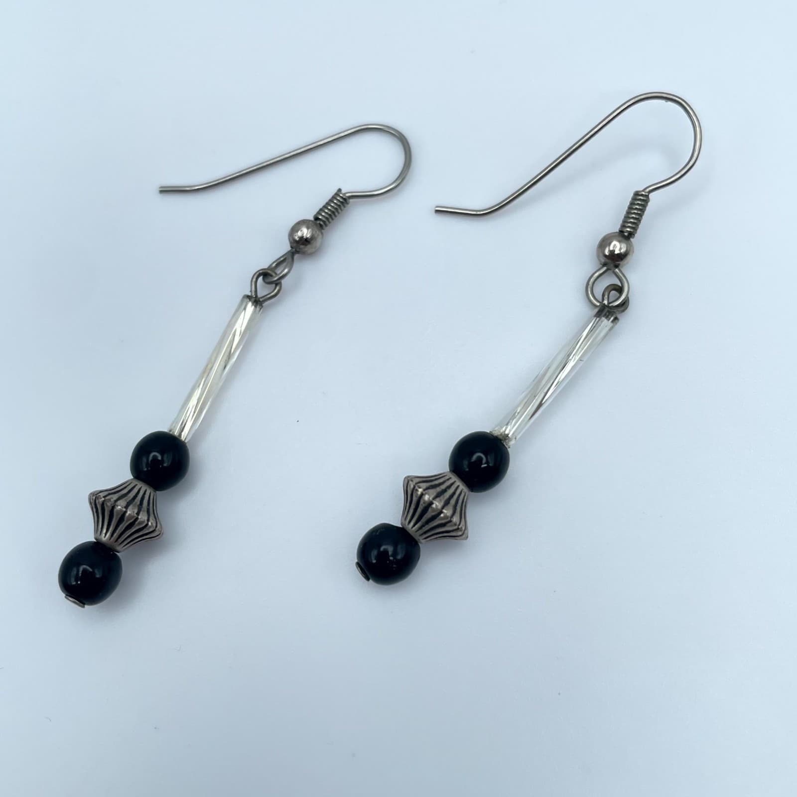 Vintage Silver-Tone Classic Modernist Boho Black Bead Linear Dangle Hook Earring