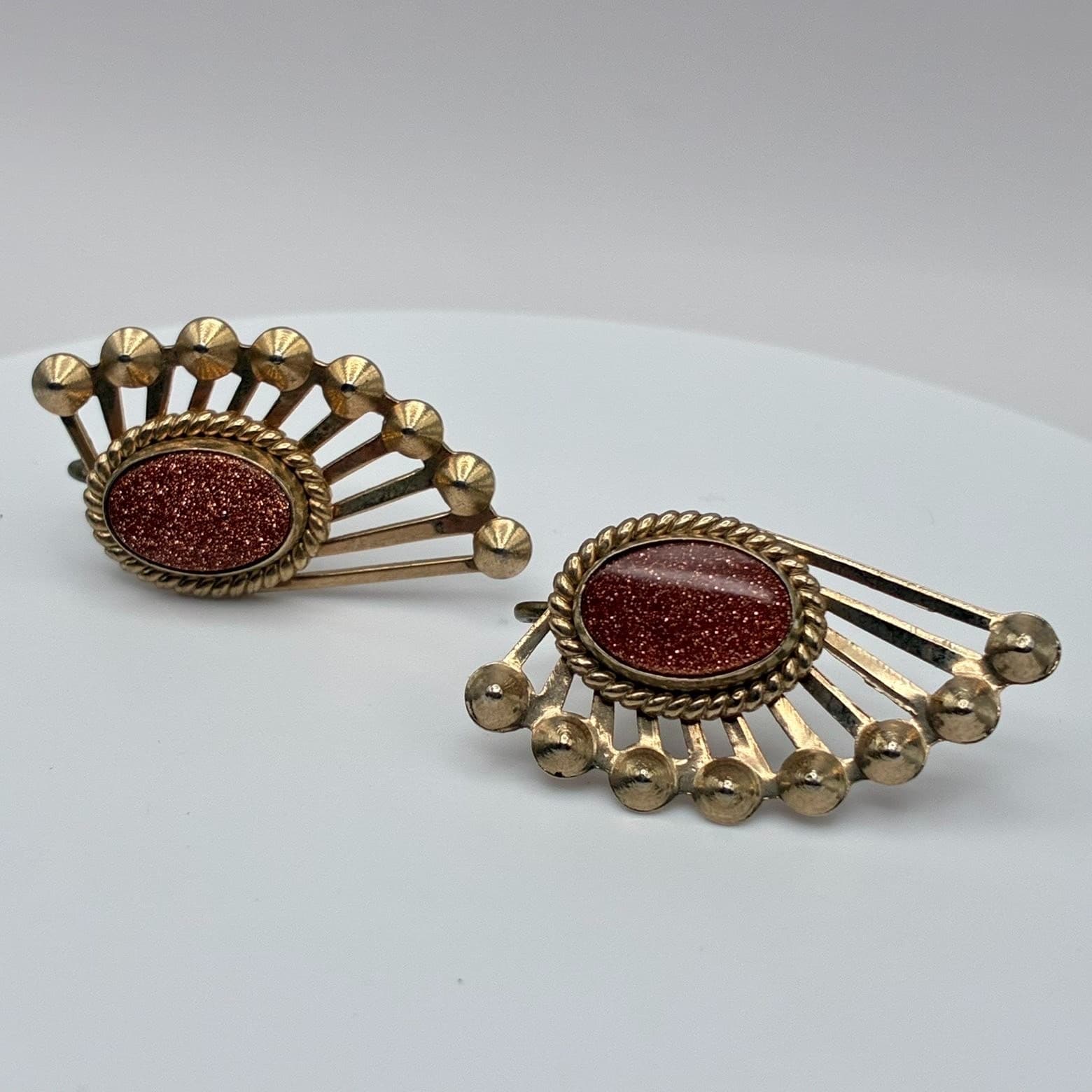 Vintage 60s Goldstone Aventurine Glass Sunburst Fan Earrings Mid-Century Jewelry