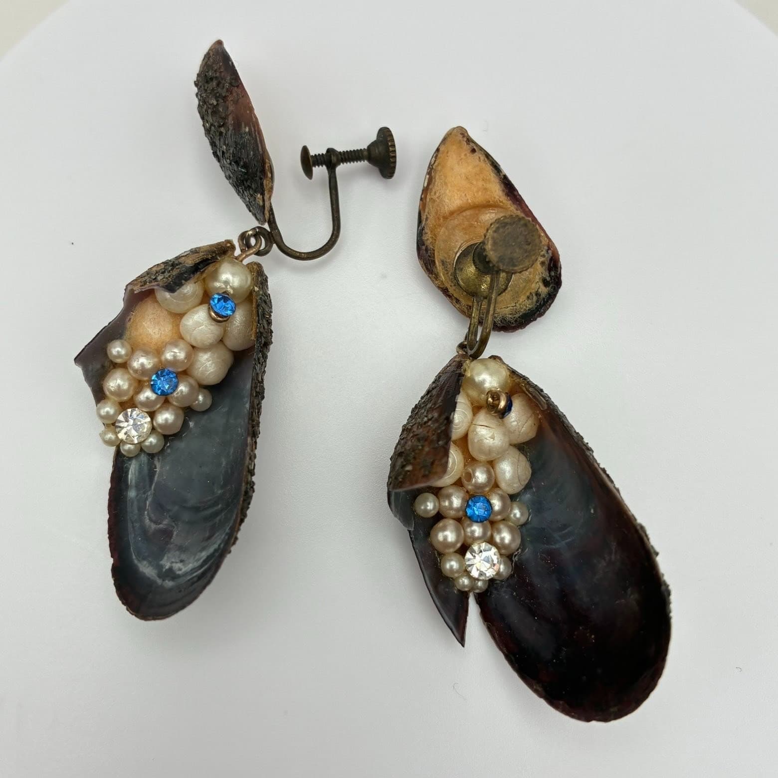 Vintage 50s Shell Pearl Blue Glass Dangle Earrings Mid-Century Fashion Jewelry