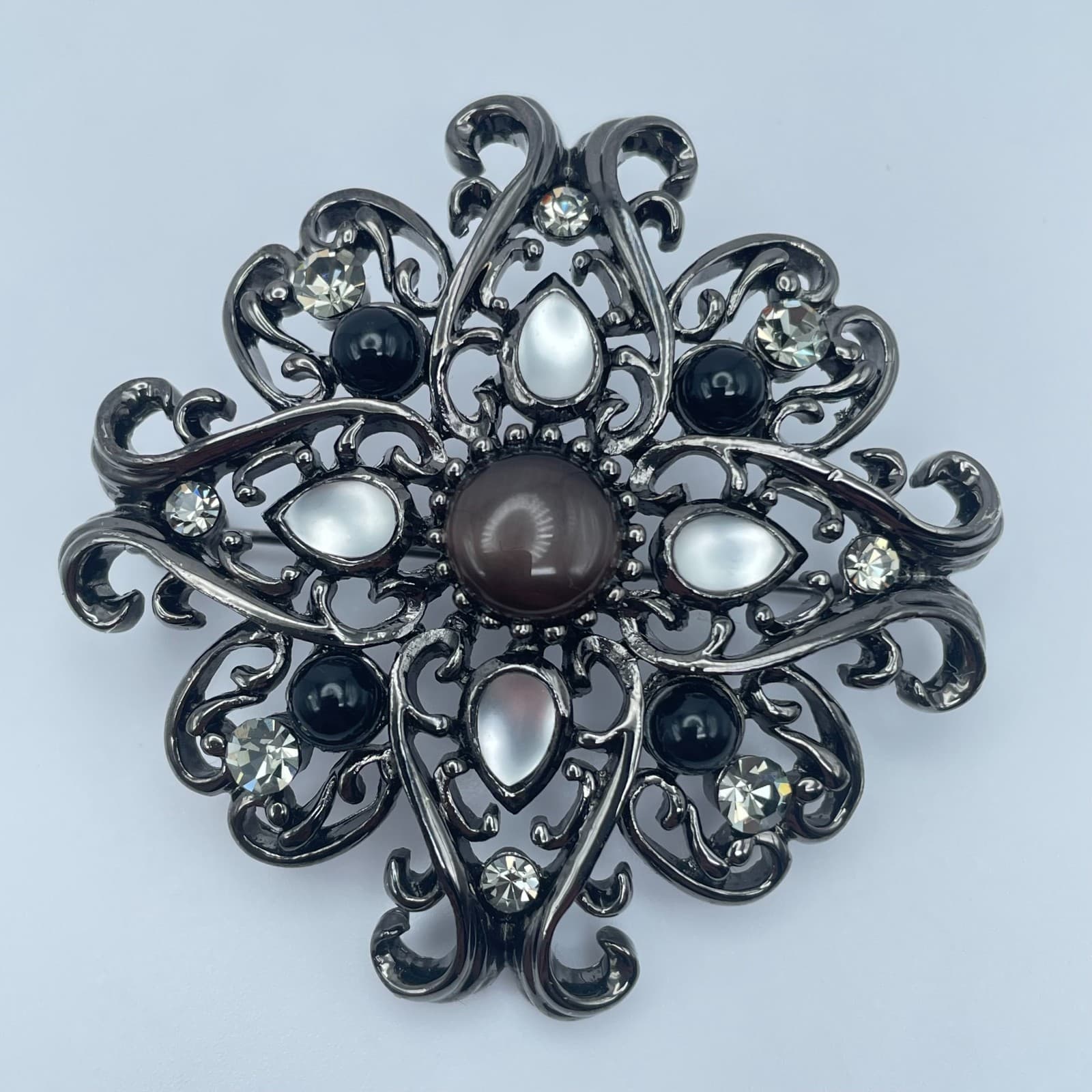 Vintage 80s Gunmetal Tone Filigree Floral Brooch Pin Clear Rhinestone Jewelry