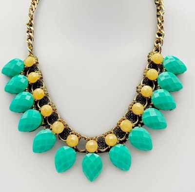 Vintage Y2K Teal & Yellow Statement Bib Necklace Gold Tone Faceted Drop Beads