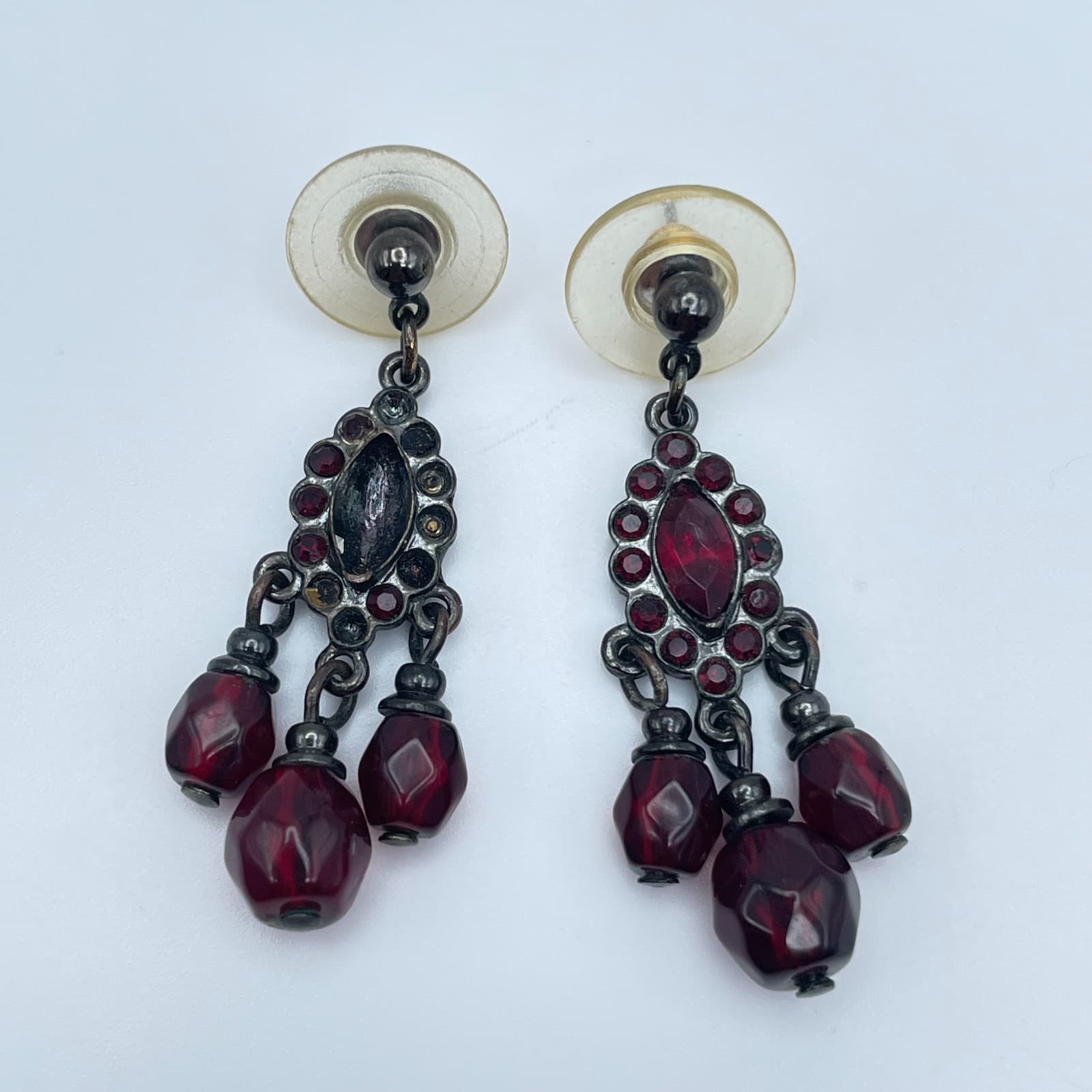 Vintage 90s Chandelier Earrings Red Glass Bead Gunmetal Dangle Boho Fashion