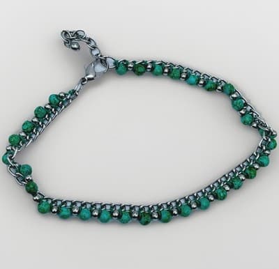 Y2K Turquoise Bead Bracelet Silver Tone Chain Boho Western Jewelry Adjustable