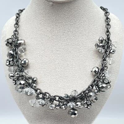 Vera Wang Gunmetal Crystal Charm Necklace Chunky Chain Cluster Statement
