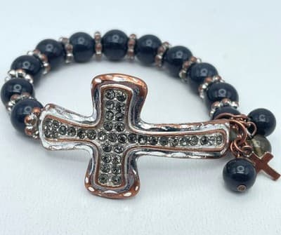 Vintage Y2K Rhinestone Cross Bracelet Black Bead Gothic Christian Religious