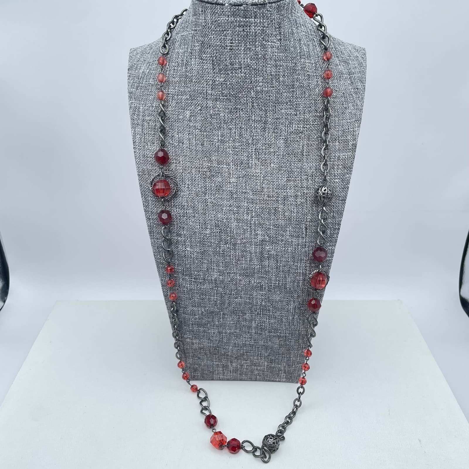 Vintage 1928 Gunmetal-Tone Victorian Faceted Glass Bead Station Lobster Necklace