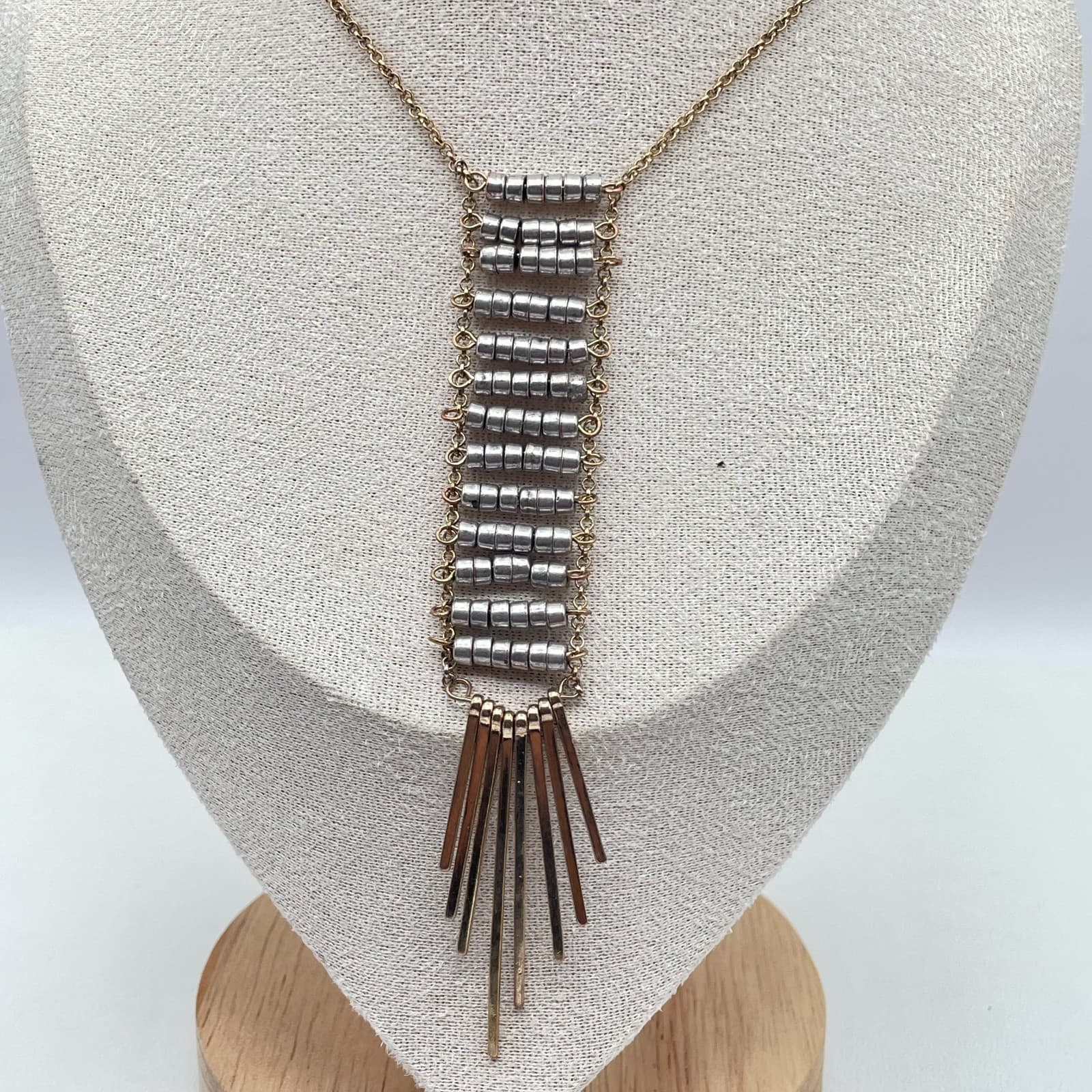 Bohemian Necklace Two-Tone Rolo Link Chain Spikes Fringe Ladder Pendant Lobster