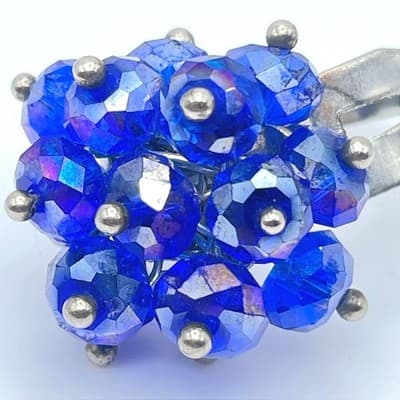 Vintage Silver-Tone Blue Faceted Cluster Beads Adjustable Metal Cocktail Ring