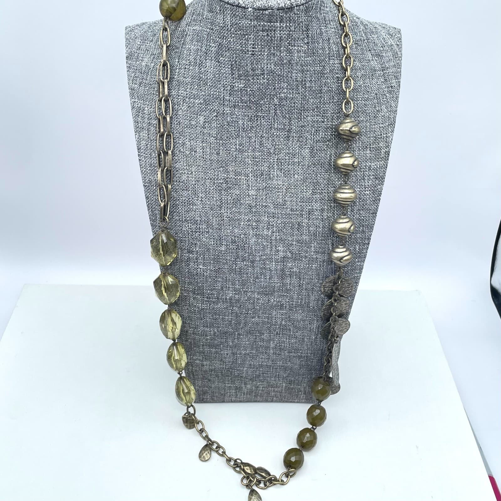 Vintage Gold Tone Long Necklace Olive Green Glass Beads Opera Flapper